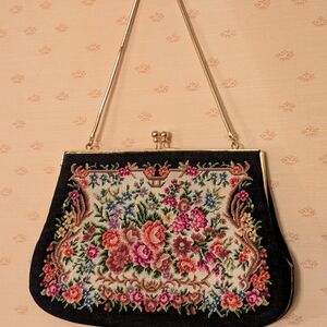 Vintage Needlepoint Floral Embroidered Black Handbag Purse with Snap Closure